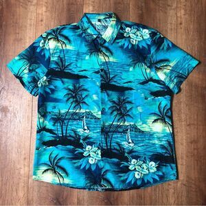 Men’s XL Tropical Blue Hawaiian Short Sleeve Button Down Collared Shirt